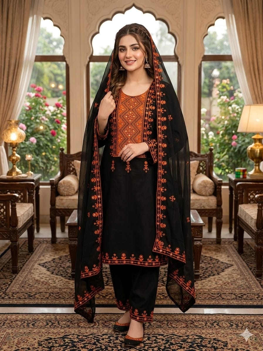 3PC Lawn Cotton Mirror Work Suit – New 9MM Plastic Mirror Emb Shirt, Heavy Emb Trouser & Chiffon Dupatta