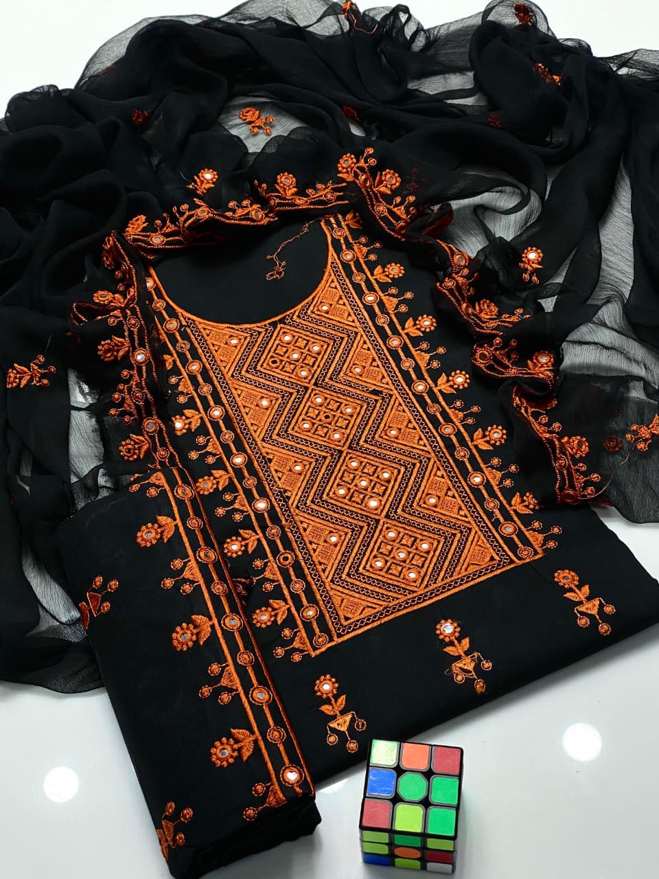 3PC Lawn Cotton Mirror Work Suit – New 9MM Plastic Mirror Emb Shirt, Heavy Emb Trouser & Chiffon Dupatta