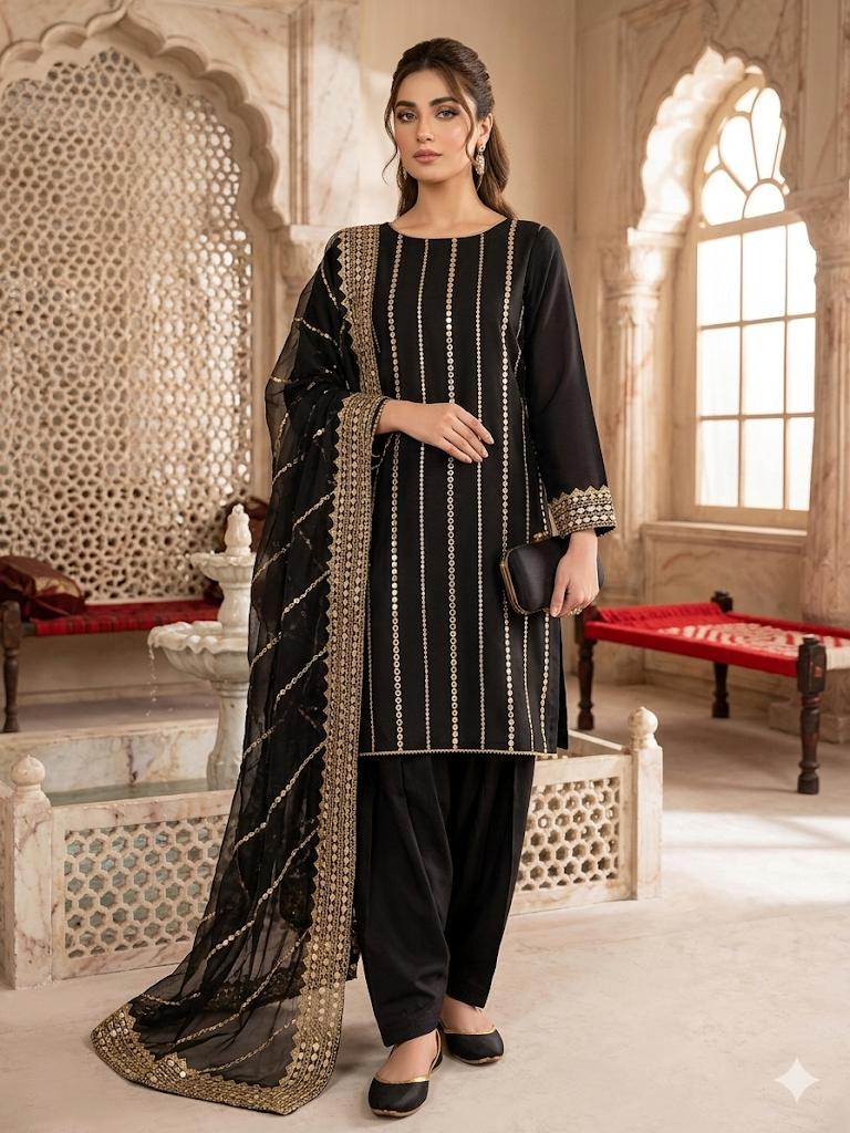 3PC Tissue Embroidered Suit – Organza 9MM Embroidered Shirt, Khatan Trouser & Tissue Dupatta with Khussa
