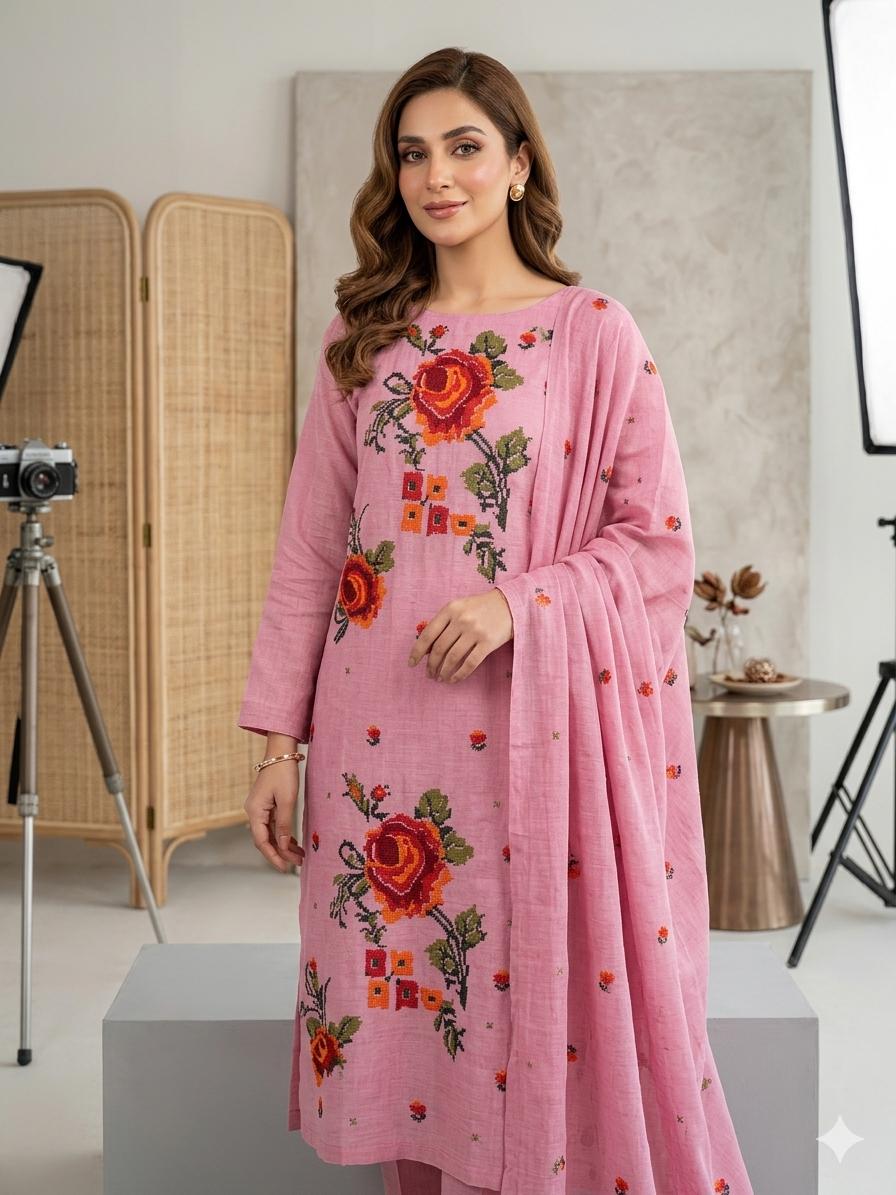 2PC Paper Cotton Cross Stitch Embroidered Suit – Shirt & Dupatta Set (New Collection)