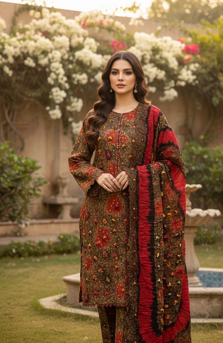 New 4 Piece Arabic Linen Chunnri Suit – Hand Dye Rajasthani Traditional Print Shirt, Trouser, Dupatta & Sleeves Set