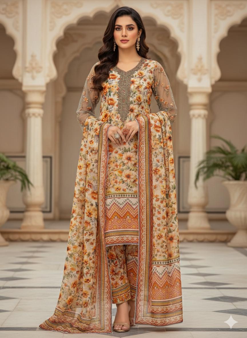 Eid Collection 3 Piece Digital Lawn Suit – 90/70 Lawn Shirt with Gala, Daman & Sleeves Patch + Digital Printed Trouser