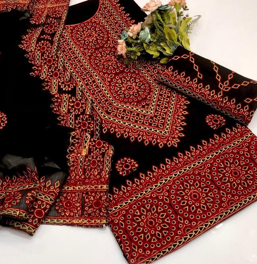 New Summer Arrival 3 Piece Soft Lawn Suit – 100/100 Computer Aari Sindhi Embroidery Shirt, Embroidered Trouser & 4 Side Embroidered Chiffon Dupatta