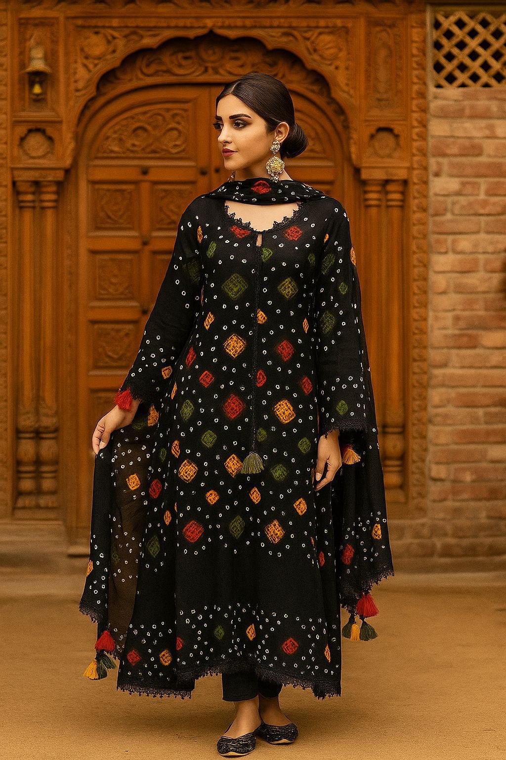 4PC Staple Lawn Chunnri Suit – Hand Dye Rajasthani Traditional Print Shirt, Trouser, Dupatta & Sleeves Set