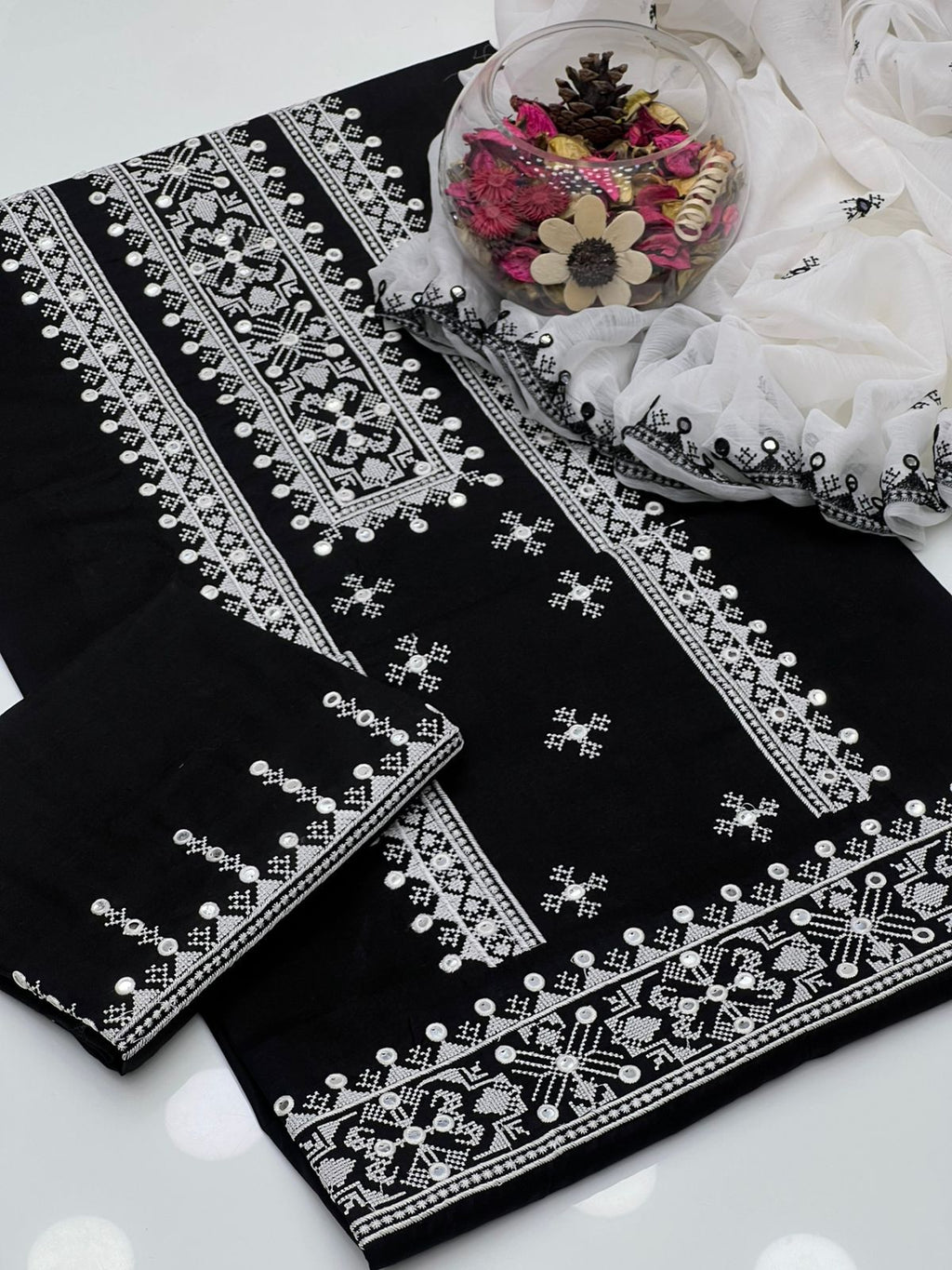 3PC Lawn Cotton Cross Stitch Black Contrast Suit – 9MM Plastic Mirror Embroidery Shirt, Heavy Embroidered Trouser & Chiffon Dupatta