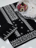 3PC Lawn Cotton Cross Stitch Black Contrast Suit – 9MM Plastic Mirror Embroidery Shirt, Heavy Embroidered Trouser & Chiffon Dupatta