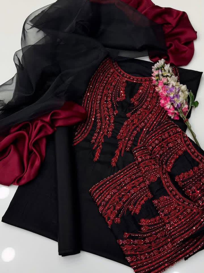 3PC Fancy Embroidered Suit – Organza Handwork Shirt, Kattan Silk Trouser & Organza Silk Pallu Dupatta
