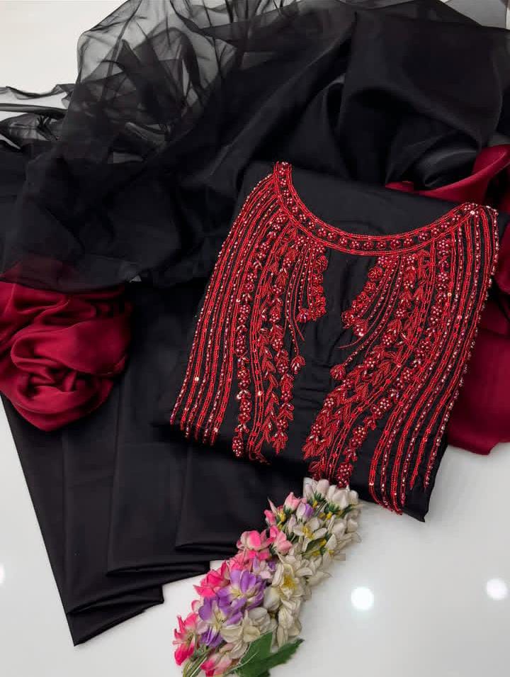 3PC Fancy Embroidered Suit – Organza Handwork Shirt, Kattan Silk Trouser & Organza Silk Pallu Dupatta