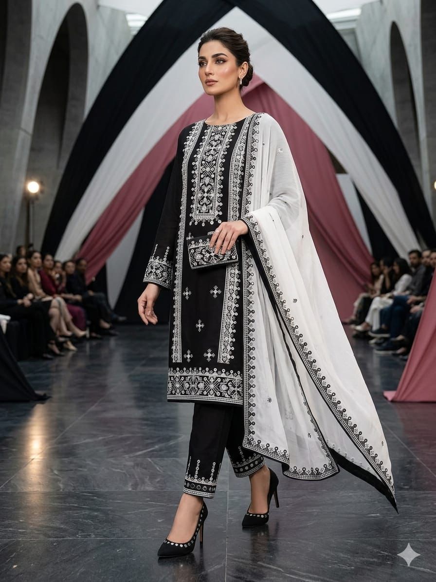 3PC Lawn Cotton Cross Stitch Black Contrast Suit – 9MM Plastic Mirror Embroidery Shirt, Heavy Embroidered Trouser & Chiffon Dupatta