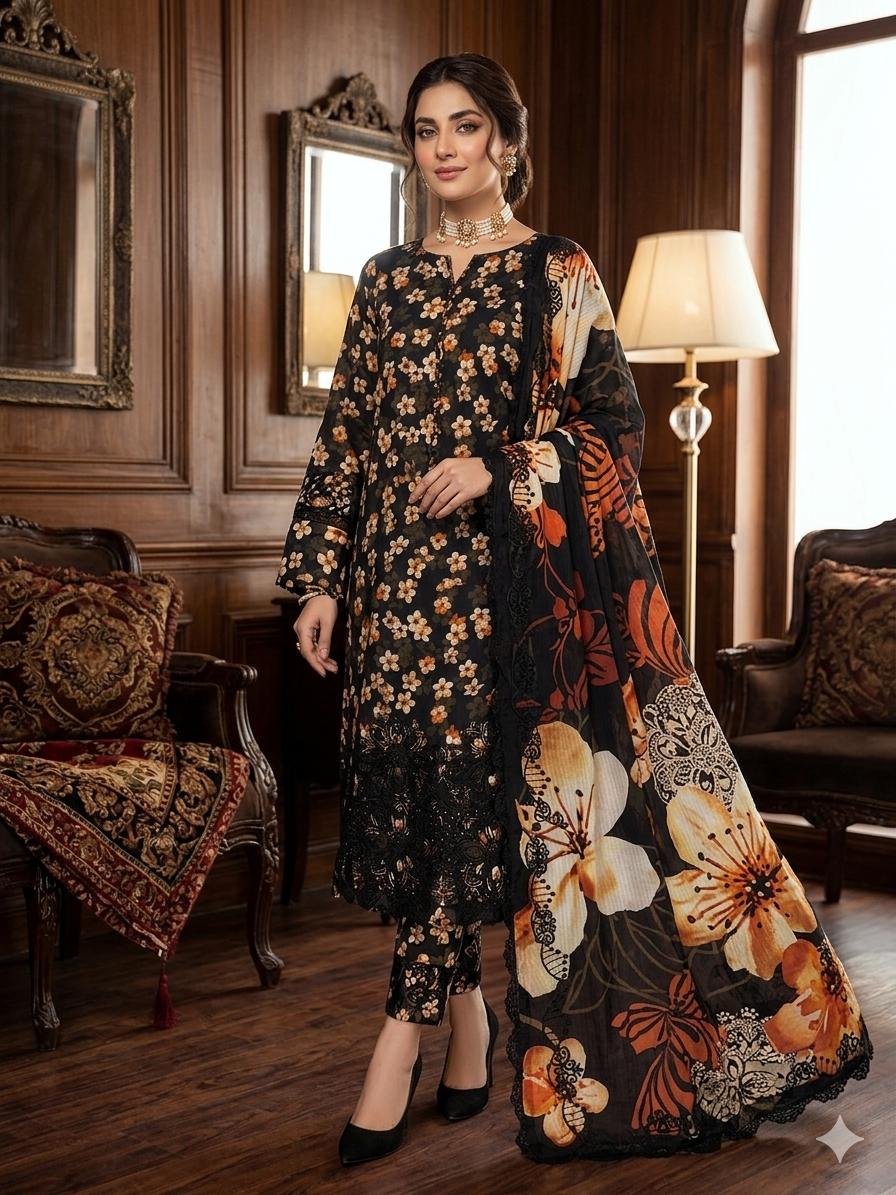 3PC Premium Lawn Digital Print Suit – Poring Daman Embroidered Shirt, Printed & Embroidered Dupatta & Matching Trouser