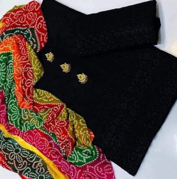 3PC Lawn Cotton Chicken Embroidered Suit – 12 Inches Daman Work Shirt, Embroidered Trouser & Chiffon Multi Design Dupatta with Neckline Gift