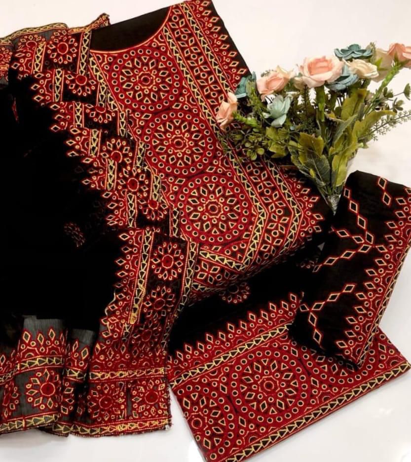 New Summer Arrival 3 Piece Soft Lawn Suit – 100/100 Computer Aari Sindhi Embroidery Shirt, Embroidered Trouser & 4 Side Embroidered Chiffon Dupatta