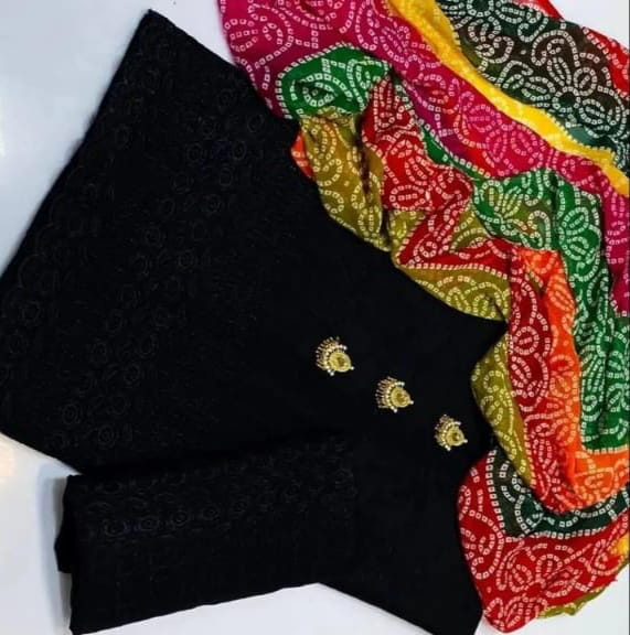3PC Lawn Cotton Chicken Embroidered Suit – 12 Inches Daman Work Shirt, Embroidered Trouser & Chiffon Multi Design Dupatta with Neckline Gift