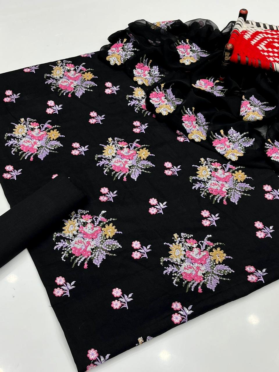 New Collection 3 Piece Lawn Cotton Suit – Machine Cross Stitch Embroidered Shirt, Cotton Trouser & Crinkle Chiffon Embroidered Dupatta