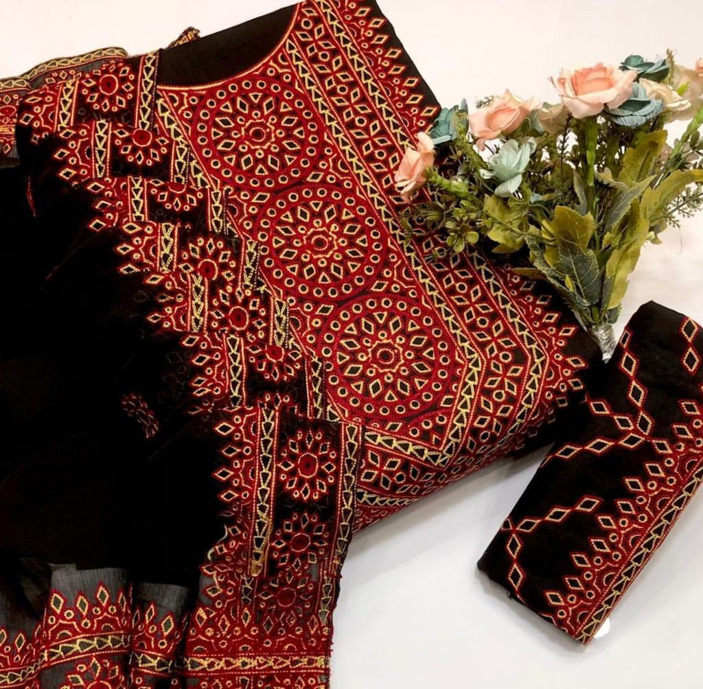 New Summer Arrival 3 Piece Soft Lawn Suit – 100/100 Computer Aari Sindhi Embroidery Shirt, Embroidered Trouser & 4 Side Embroidered Chiffon Dupatta