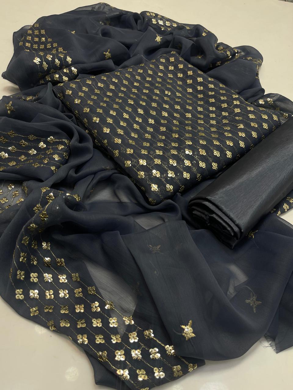 3PC Customized Chiffon Sequins Embroidered Suit – Front & Back Shirt, Sequins Border Dupatta & Kataan Silk Trouser