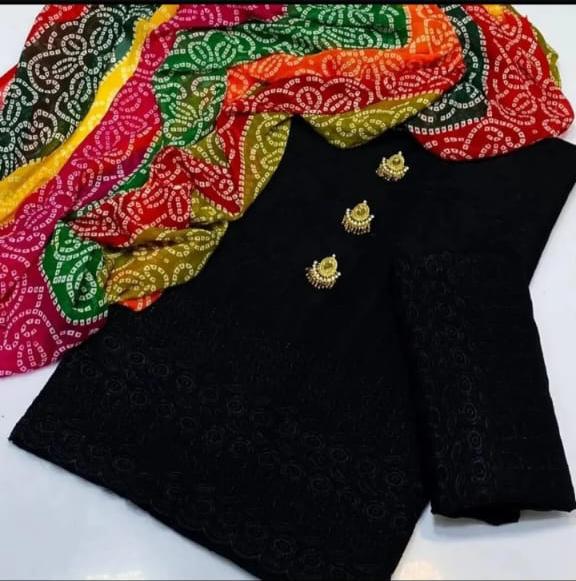 3PC Lawn Cotton Chicken Embroidered Suit – 12 Inches Daman Work Shirt, Embroidered Trouser & Chiffon Multi Design Dupatta with Neckline Gift