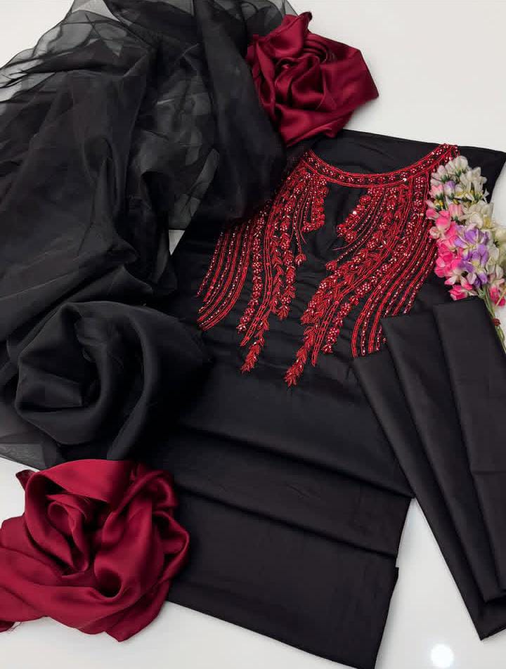 3PC Fancy Embroidered Suit – Organza Handwork Shirt, Kattan Silk Trouser & Organza Silk Pallu Dupatta