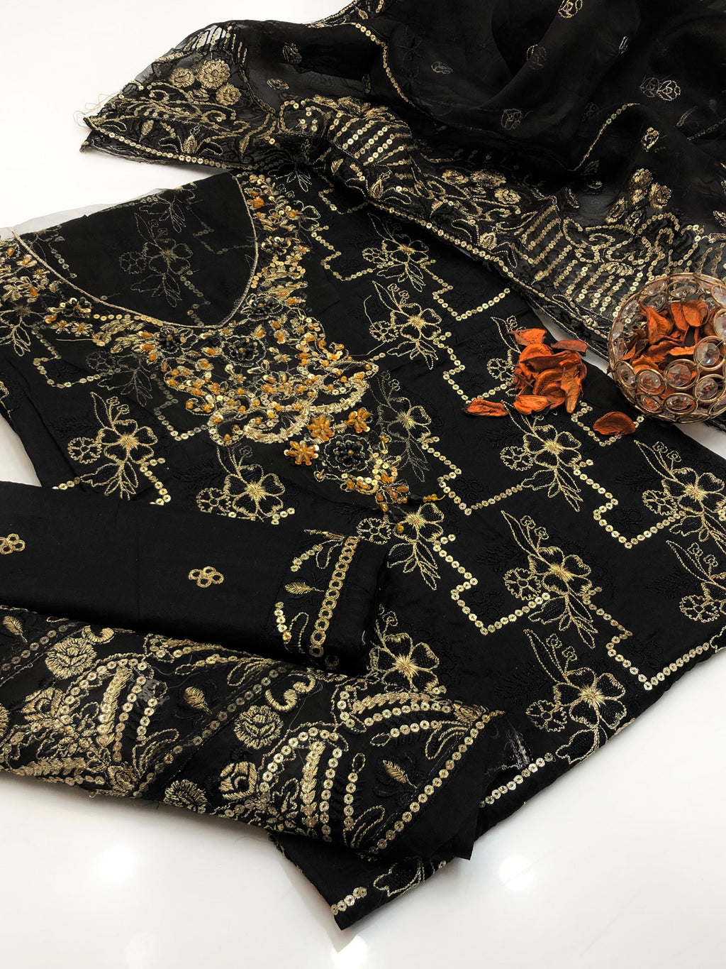 3PC Lawn Embroidered Suit – Front & Sleeves Emb Shirt, Tissue Beaded Gala, Saprite Peaches Daman & Organza Embroidered Dupatta