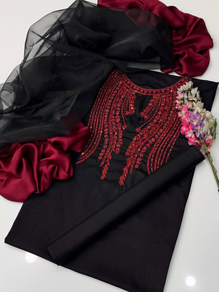 3PC Fancy Embroidered Suit – Organza Handwork Shirt, Kattan Silk Trouser & Organza Silk Pallu Dupatta