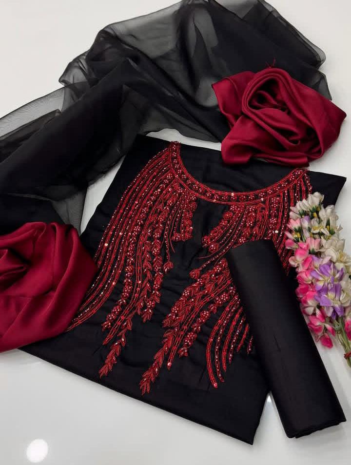 3PC Fancy Embroidered Suit – Organza Handwork Shirt, Kattan Silk Trouser & Organza Silk Pallu Dupatta