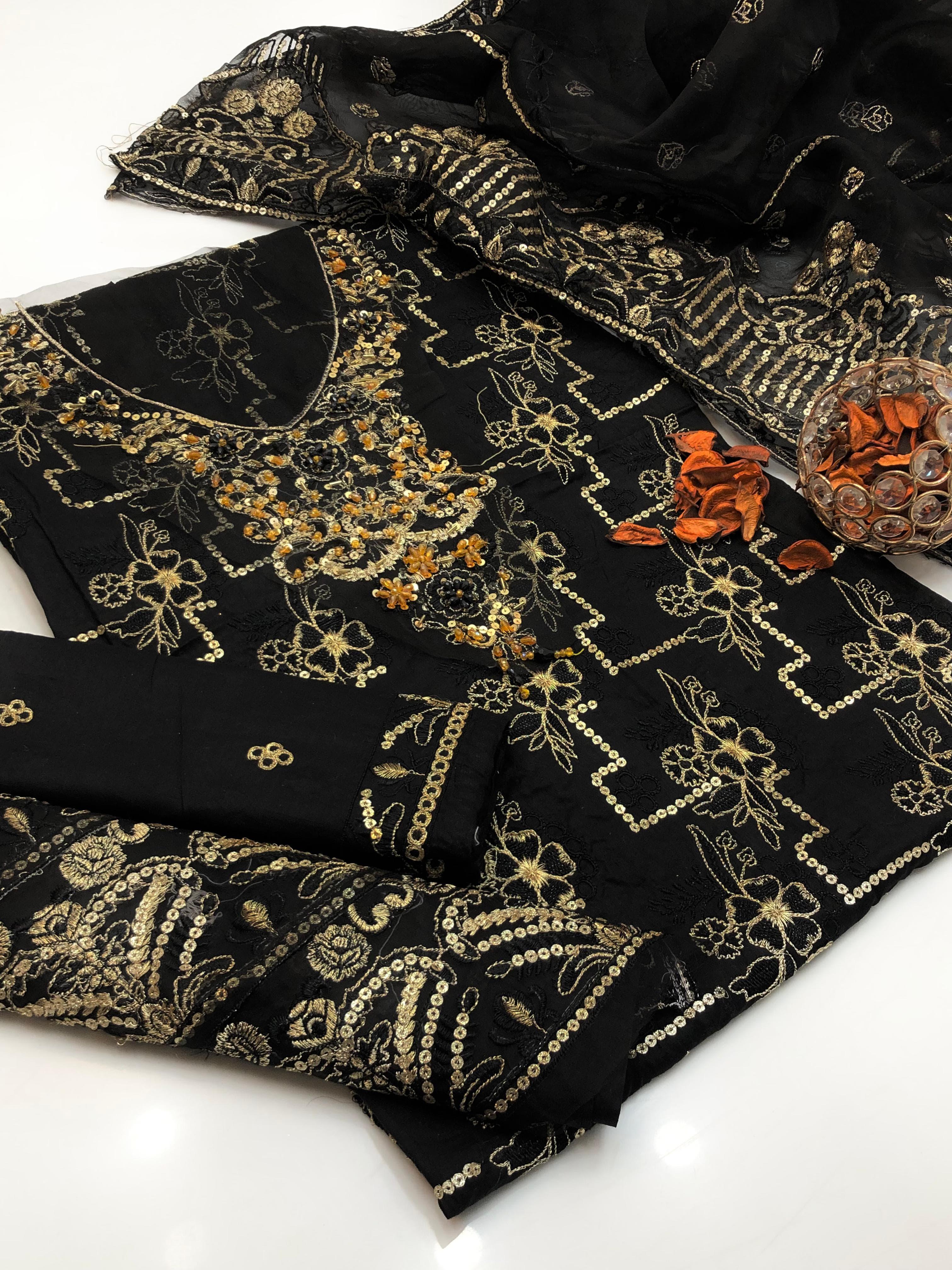 3PC Lawn Embroidered Suit – Front & Sleeves Emb Shirt, Tissue Beaded Gala, Organza Emb Dupatta & Plain Trouser