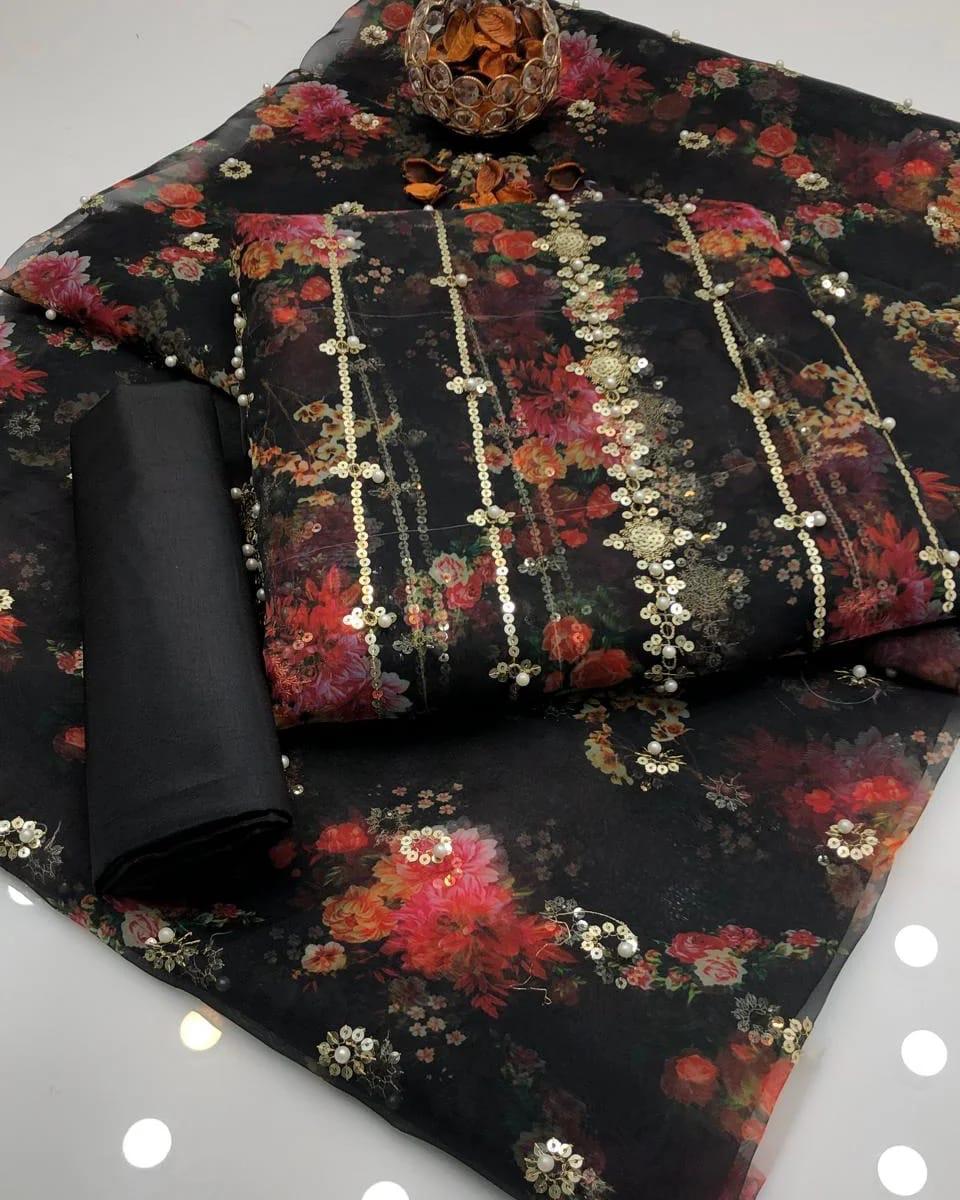 3PC Organza Digital Embroidered Suit – Pearl Work Front & Back Shirt, Printed Pearl Border Dupatta & Kataan Silk Trouser