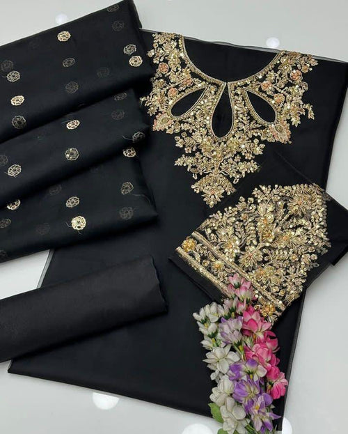 3-Piece Unstitched Fancy Dress – Indian Organza Nagina Work with Boti Dupatta