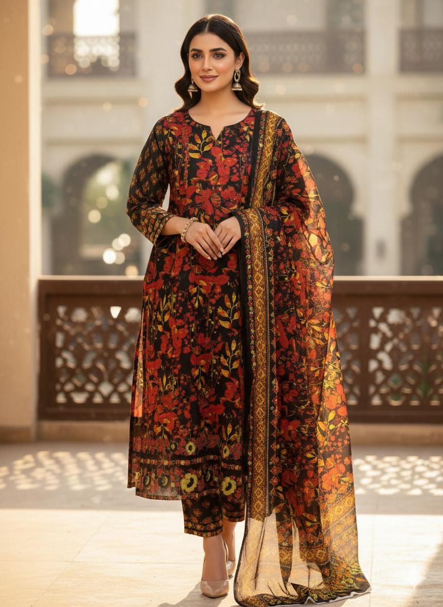 Eid Collection 3 Piece Digital Lawn Suit – 90/70 Lawn Shirt with Gala, Daman & Sleeves Patch + Digital Printed Trouser