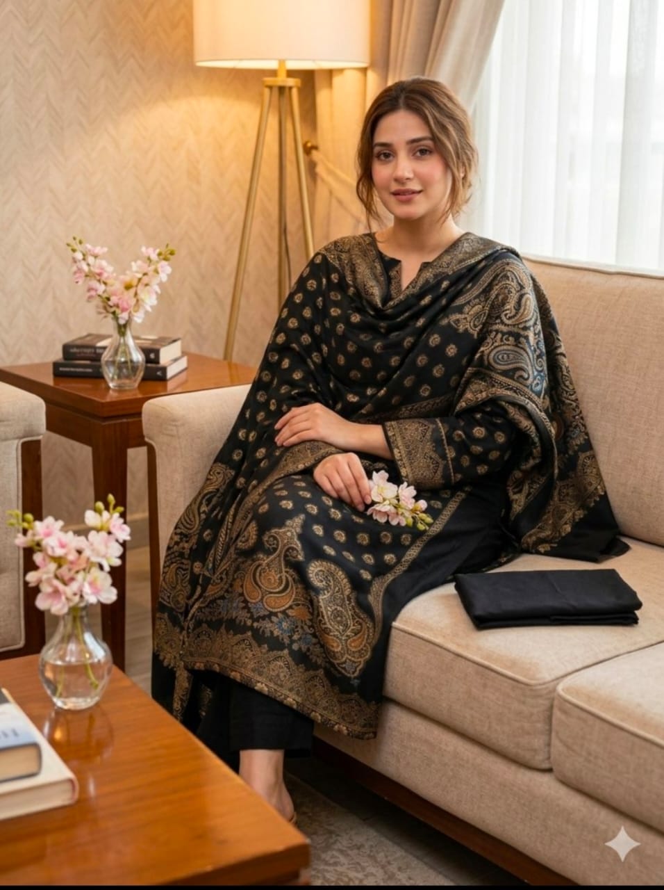New Eid Collection 5 Piece Khaddi Lawn Jacquard Borshia Suit – Shirt, Jacquard Dupatta, Plain Trouser & Separate Sleeves