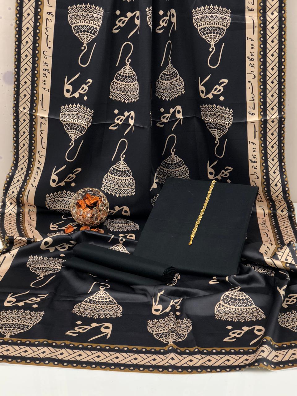 New Collection 2025  Swiss lawn  calligraphy digital print duppta  Kathan silk plain shirt and trouser  3pc suit   With Neckline