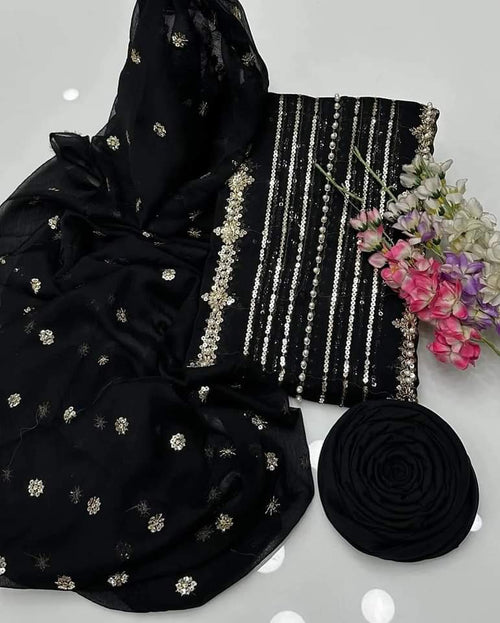 3-Piece Unstitched Fancy Suit – Chiffon Pearl Work with Silk Trouser