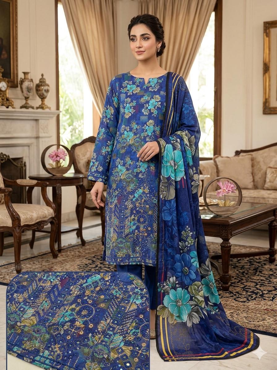 3PC Premium Lawn Digital Print Suit – Poring Daman Embroidered Shirt, Printed & Embroidered Dupatta & Matching Trouser