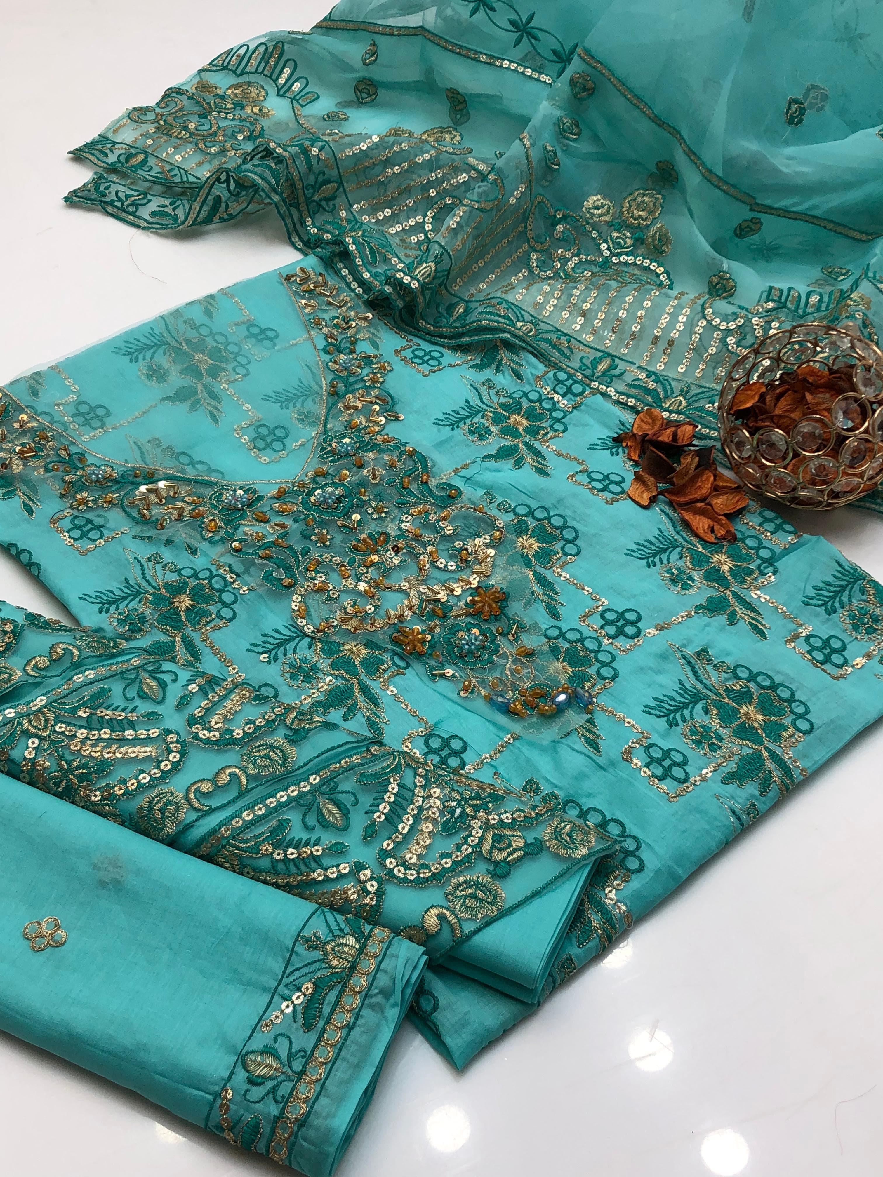 3PC Lawn Embroidered Suit – Front & Sleeves Emb Shirt, Tissue Beaded Gala, Organza Emb Dupatta & Plain Trouser