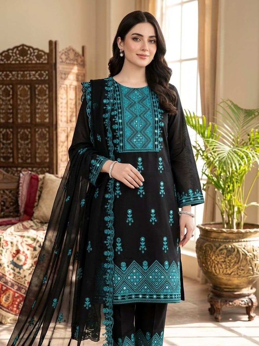 3PC Lawn Cotton Mirror Work Suit – New 9MM Plastic Mirror Emb Shirt, Heavy Emb Trouser & Chiffon Dupatta