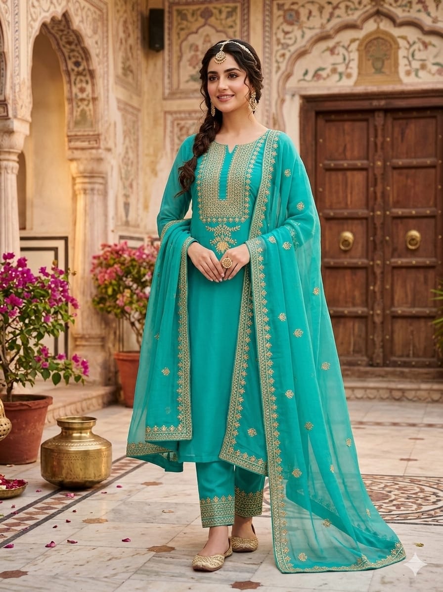 3PC Soft Lawn Cotton Sequins Suit – 3mm Sequence Work Shirt, Chiffon Sequins Dupatta & Sequins Trouser