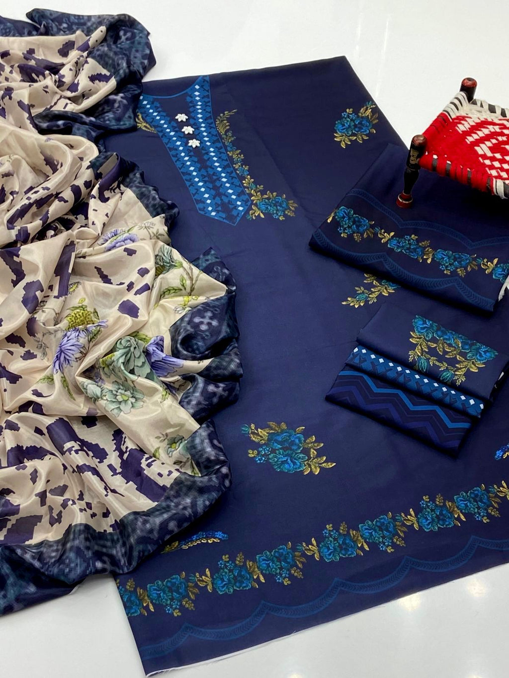 3PC Swiss Lawn Printed Suit – Printed Shirt, Printed Trouser & Poly Silk Printed Dupatta