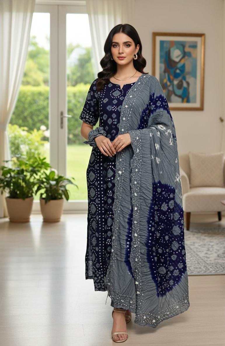 New 4 Piece Arabic Linen Chunnri Suit – Hand Dye Rajasthani Traditional Print Shirt, Trouser, Dupatta & Sleeves Set