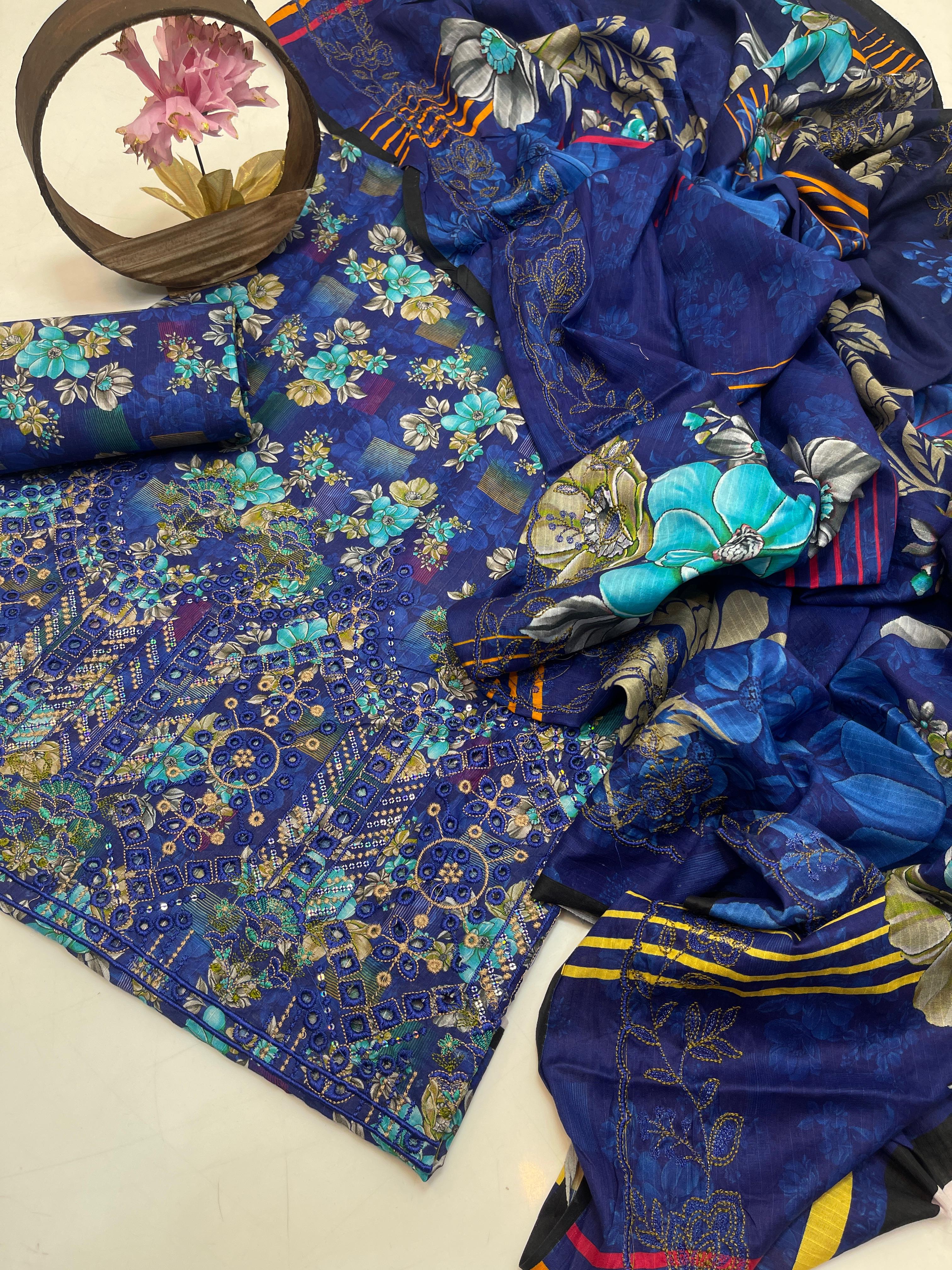 3PC Premium Lawn Digital Print Suit – Poring Daman Embroidered Shirt, Printed & Embroidered Dupatta & Matching Trouser