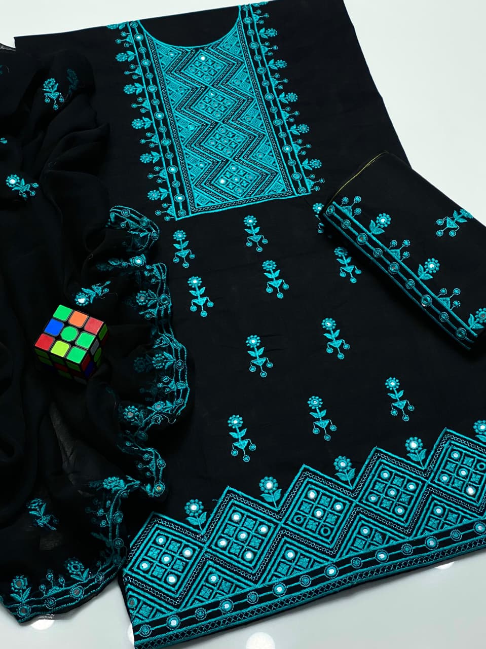 3PC Lawn Cotton Mirror Work Suit – New 9MM Plastic Mirror Emb Shirt, Heavy Emb Trouser & Chiffon Dupatta