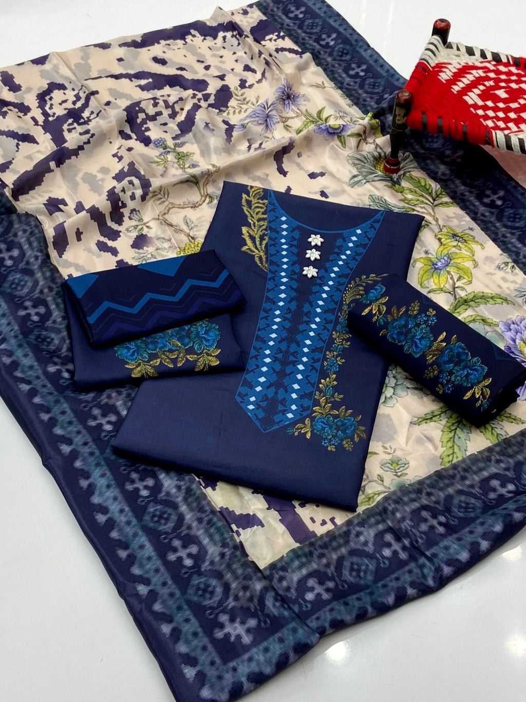 3PC Swiss Lawn Printed Suit – Printed Shirt, Printed Trouser & Poly Silk Printed Dupatta