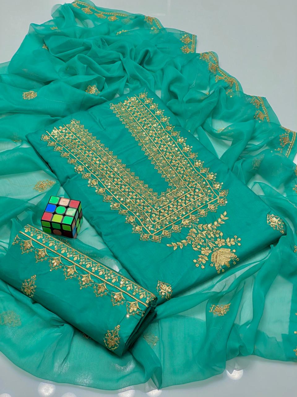 3PC Soft Lawn Cotton Sequins Suit – 3mm Sequence Work Shirt, Chiffon Sequins Dupatta & Sequins Trouser