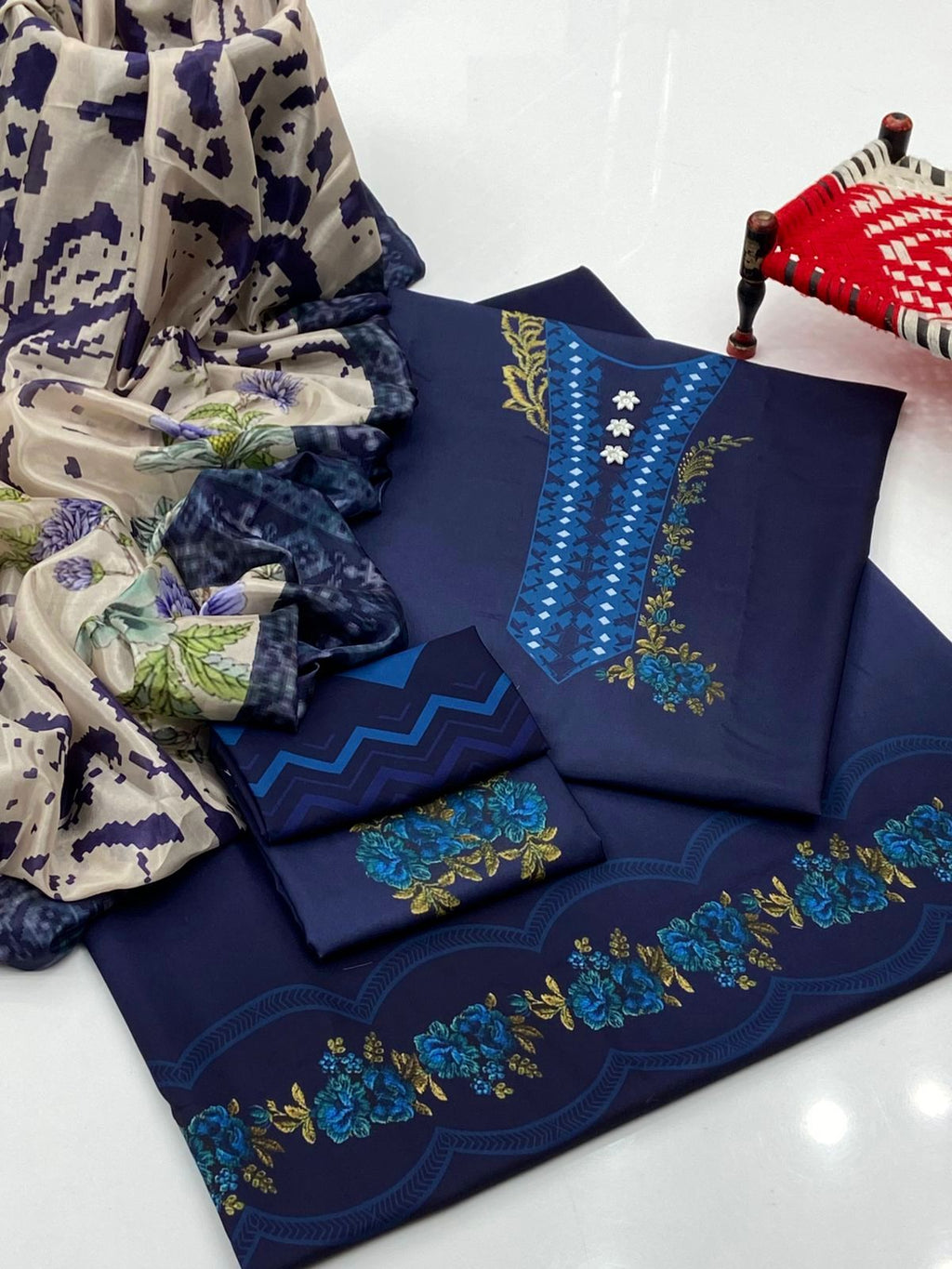 3PC Swiss Lawn Printed Suit – Printed Shirt, Printed Trouser & Poly Silk Printed Dupatta
