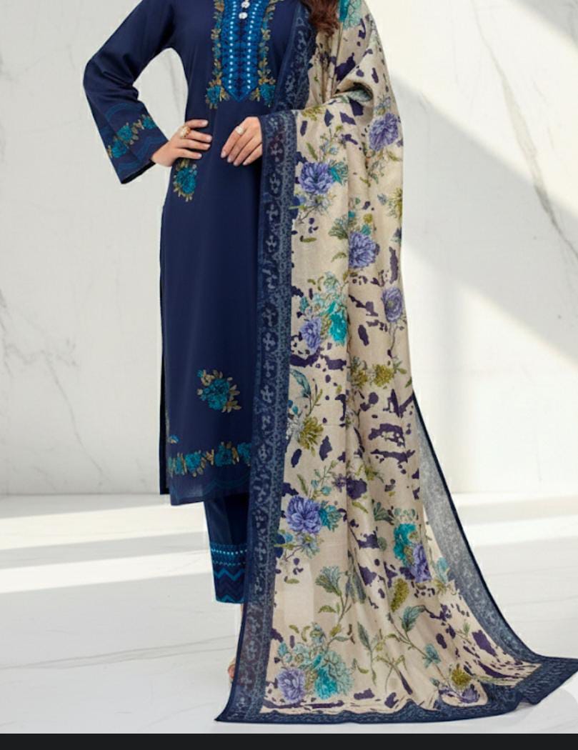 3PC Swiss Lawn Printed Suit – Printed Shirt, Printed Trouser & Poly Silk Printed Dupatta