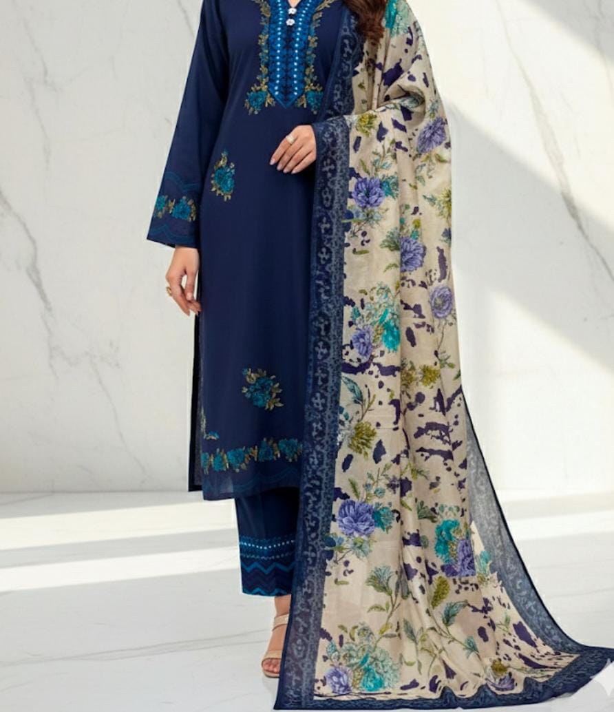 3PC Swiss Lawn Printed Suit – Printed Shirt, Printed Trouser & Poly Silk Printed Dupatta