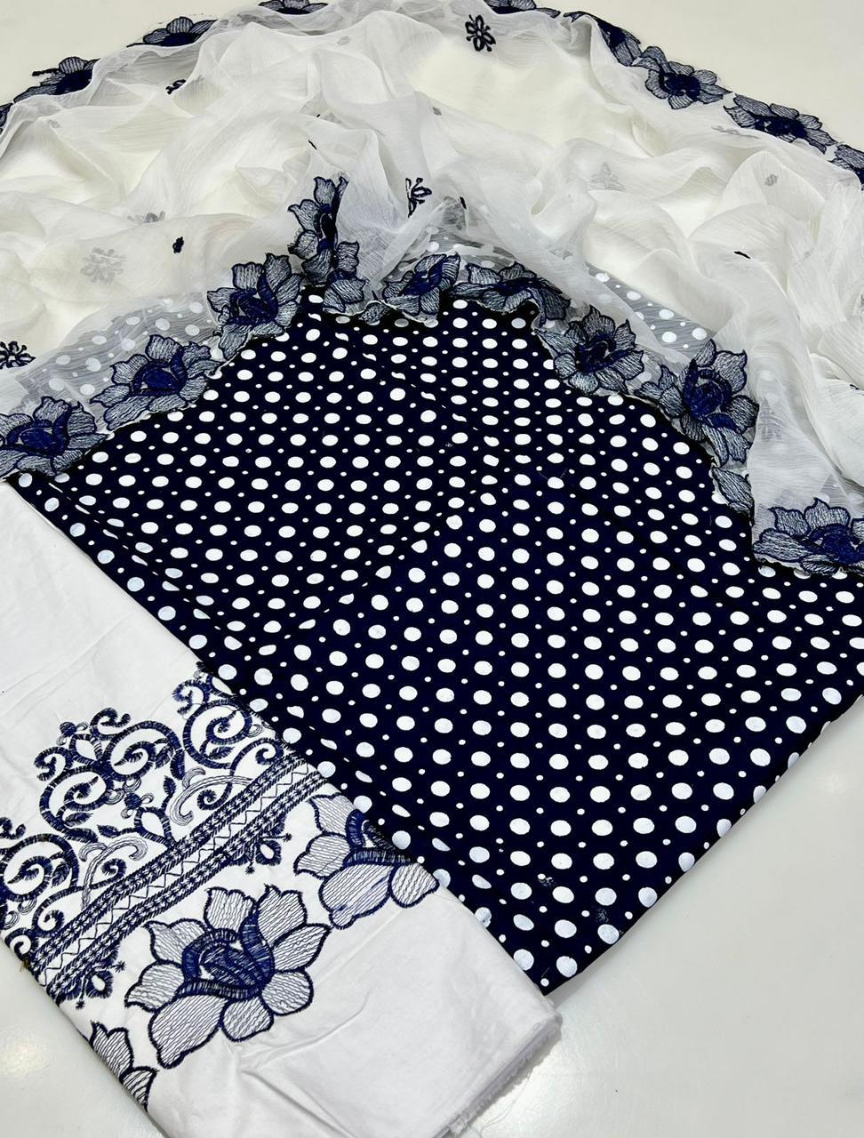 3PC GTM Lawn Polka Style Suit – Embroidered Shirt, Lawn Embroidered Trouser & Chiffon Embroidered Dupatta