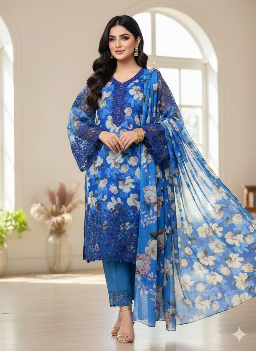 Eid Collection 3 Piece Digital Lawn Suit – 90/70 Lawn Shirt with Gala, Daman & Sleeves Patch + Digital Printed Trouser