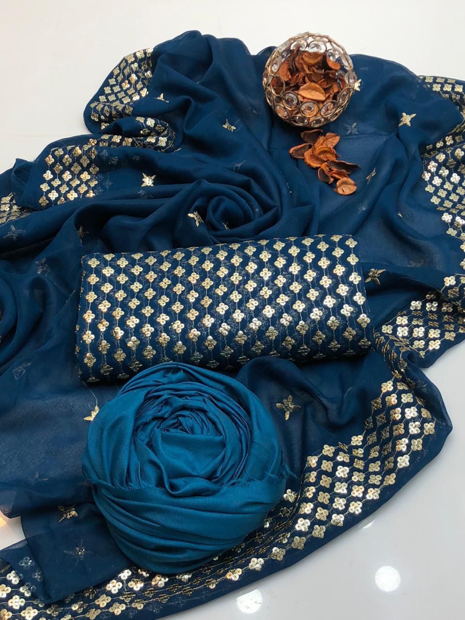 3PC Customized Chiffon Sequins Embroidered Suit – Front & Back Shirt, Sequins Border Dupatta & Kataan Silk Trouser