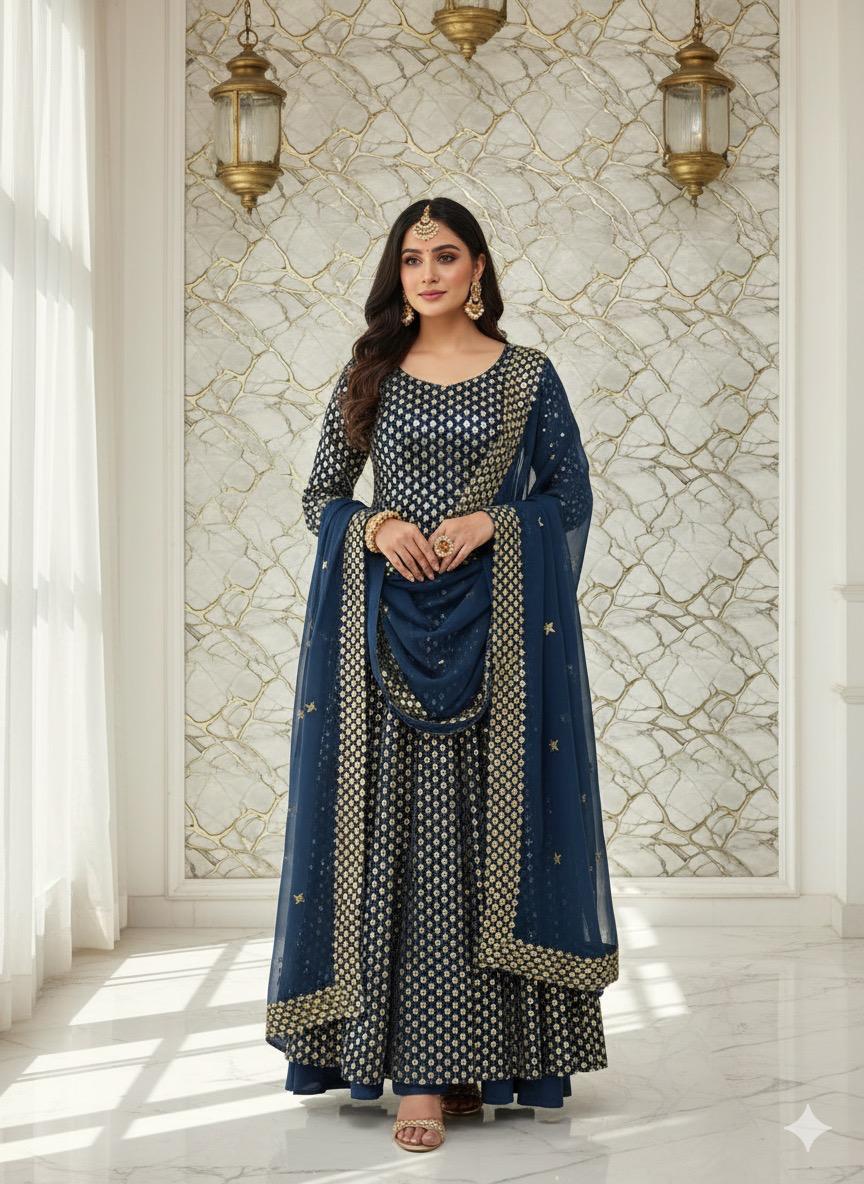 3PC Customized Chiffon Sequins Embroidered Suit – Front & Back Shirt, Sequins Border Dupatta & Kataan Silk Trouser