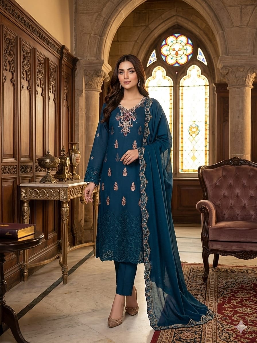 3PC Lawn Embroidered Suit – Front & Sleeves Emb Shirt, Tissue Handmade Gala, Embroidered Dupatta & Plain Trouser